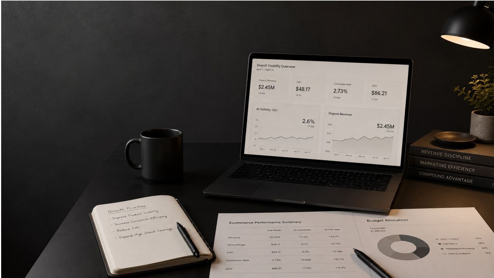 Skrivbord med laptop som visar analytics, anteckningsbok och dokument med prestanda- och budgetallokering